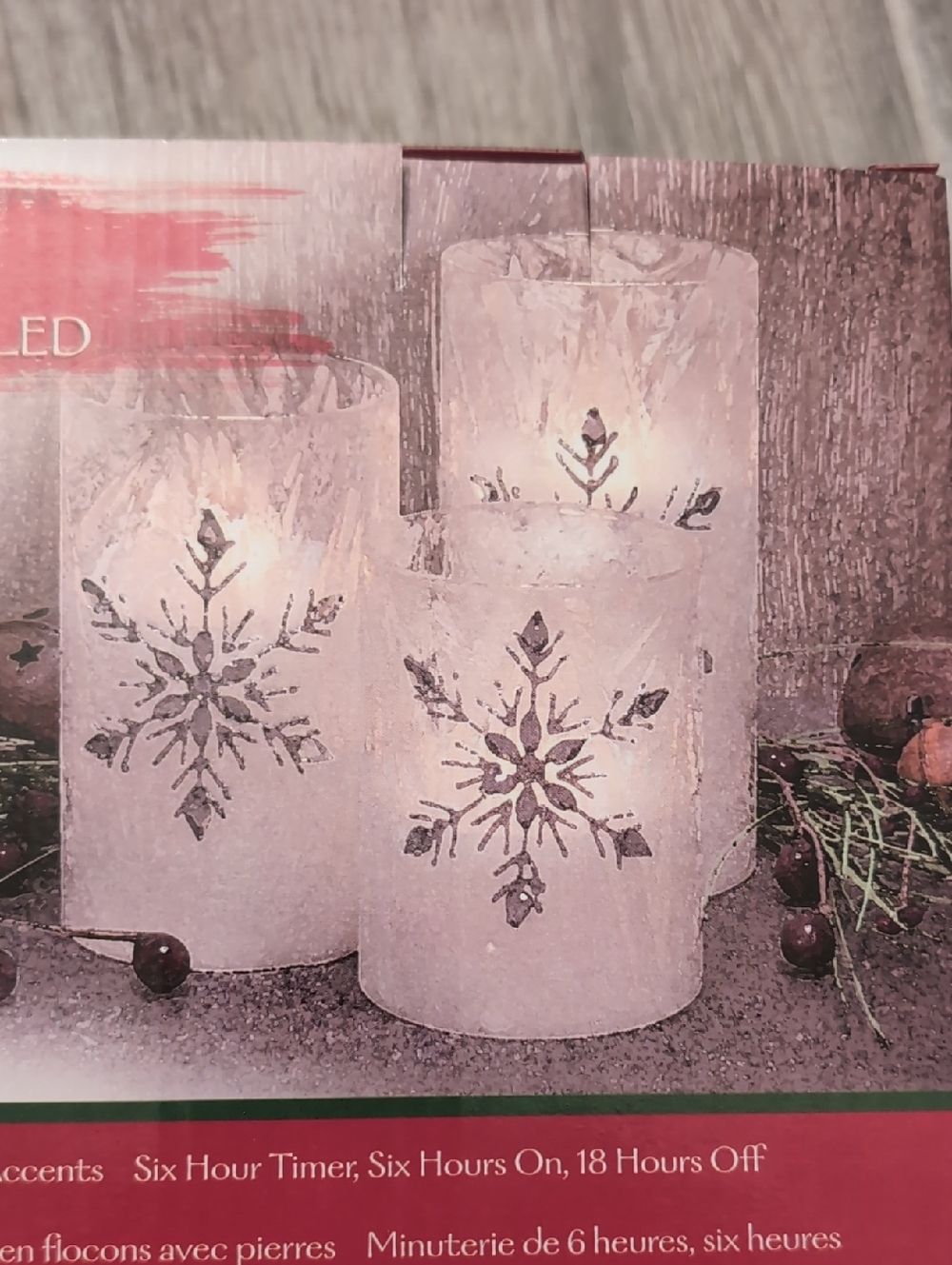LED Iced Glass Pillar Candle Set with Jeweled Snowflake Accents - White - Picture 5 of 5